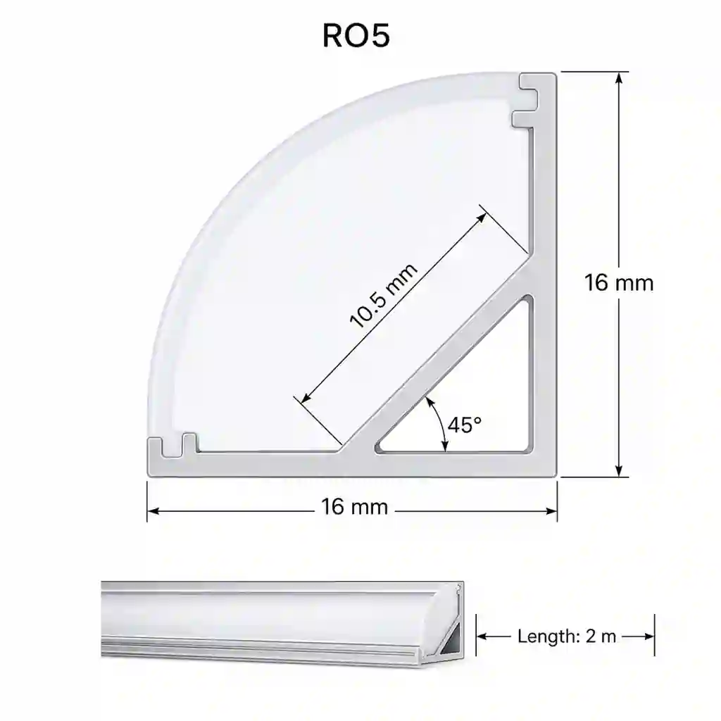 Pohled zepředu na rohový profil RO5 16x16mm stříbrný elox délka 2 metry bez difuzoru